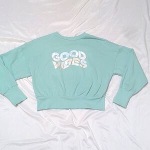 Seafoam Green "Good‎ Vibes" Holographic Crop Boxy Crew Neck Sweatshirt Med Tall